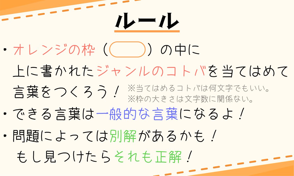 TAKE_noko05's tweet photo. 《コトバ》を《スポッと》当てはめろ！

『コトバスポッと！』 #3

画像一枚目は〈本日の問題〉
二枚目は〈タイトル画像〉
三枚目は〈ルール〉
四枚目は〈例題〉
となっています！

 #コトバスポッと https://t.co/ON2eeUczrj