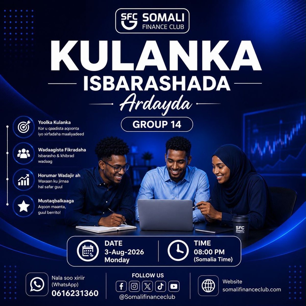 somalisfc's tweet photo. Kulanka Isbarashada Ardayda – Group 14.

🗓️ Maanta | ⏰ 8:00 PM (Somalia Time)

Wadajir ayaan u dhiseynaa mustaqbal dhaqaale oo wanaagsan. 🤝💙

#SomaliFinanceClub #Finance #Education #Somalia https://t.co/G5wDFxuX8u