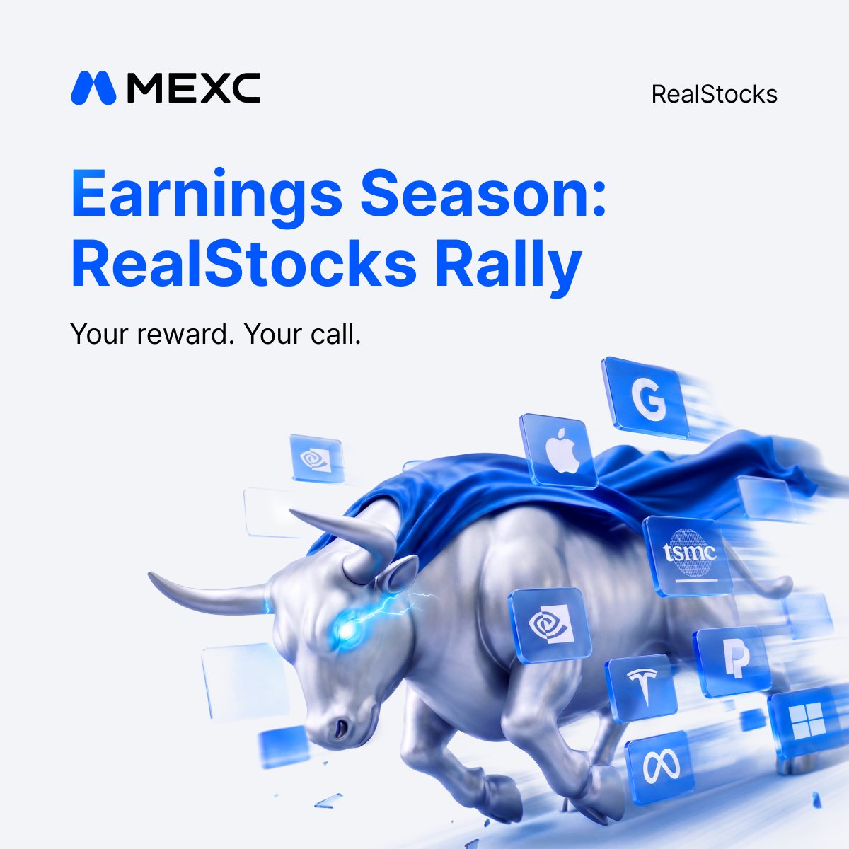 MEXC's tweet photo. This earnings season, don't just watch the market. Trade it.

- $1,000,000 prize pool
- 0-fee RealStocks trading
- Rewards for new and existing users

Join the RealStocks Rally. 👇