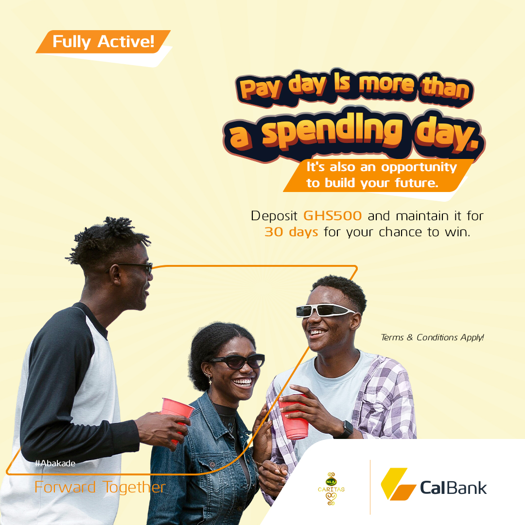 CalBankPLC's tweet photo. Payday is more than a spending day; itโs an opportunity to build your future.
Deposit and maintain GHS500 or more for 30 days and stand a chance to win in the CalBank Abakade Promo.
Start your savings journey today.
#Abakade #CalBank #ForwardTogether https://t.co/PErXMg0NAQ