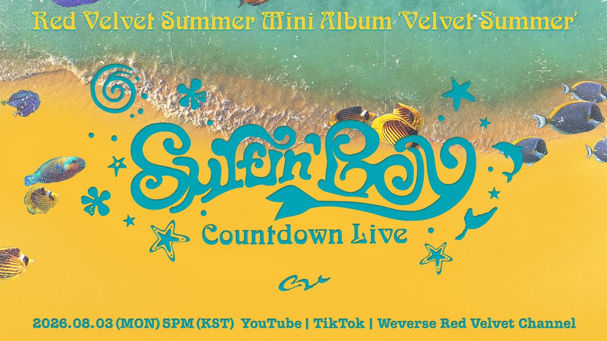 RVsmtown's tweet photo. Red Velvet 레드벨벳 【Surfin' Boy】 Countdown Live
➫ 2026.08.03 (MON) 5PM (KST) 잠시 후에 만나요!

📍YouTube : https://t.co/rPTXF0iV9t

📍TikTok : https://t.co/LXxpMBdAPa

📍Weverse : https://t.co/Lqo5vq59Yk

#RedVelvet #레드벨벳
#SurfinBoy #RedVelvet_SurfinBoy https://t.co/wo2erX59zN
