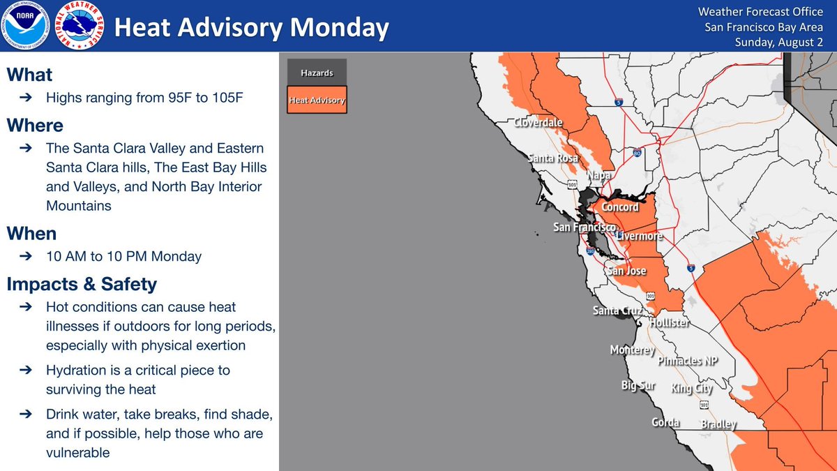 NWSBayArea's tweet photo. ⚠️Heat Advisory in effect from 10 AM to 10 PM Monday for the interior East Bay, South Bay, and interior North Bay Mountains. High temperatures will be in the mid 90s to mid 100s.

Stay hydrated, limit time outdoors, do not leave children or pets unattended in vehicles. #CAwx https://t.co/rufpccKcir
