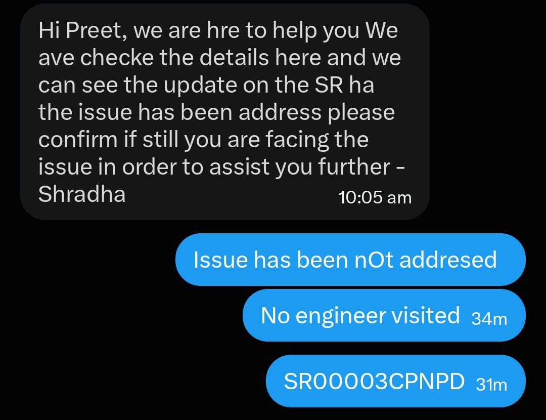 preetem_tejaswi's tweet photo. @JioCare no response from jio , pathetic service , our plans are getting messed up because of engineer visit to fix this , no resolution no updates yet , still we are facing internet frequent disconnection issue . please send engineer to resolve asap https://t.co/fWJOFk0kEn