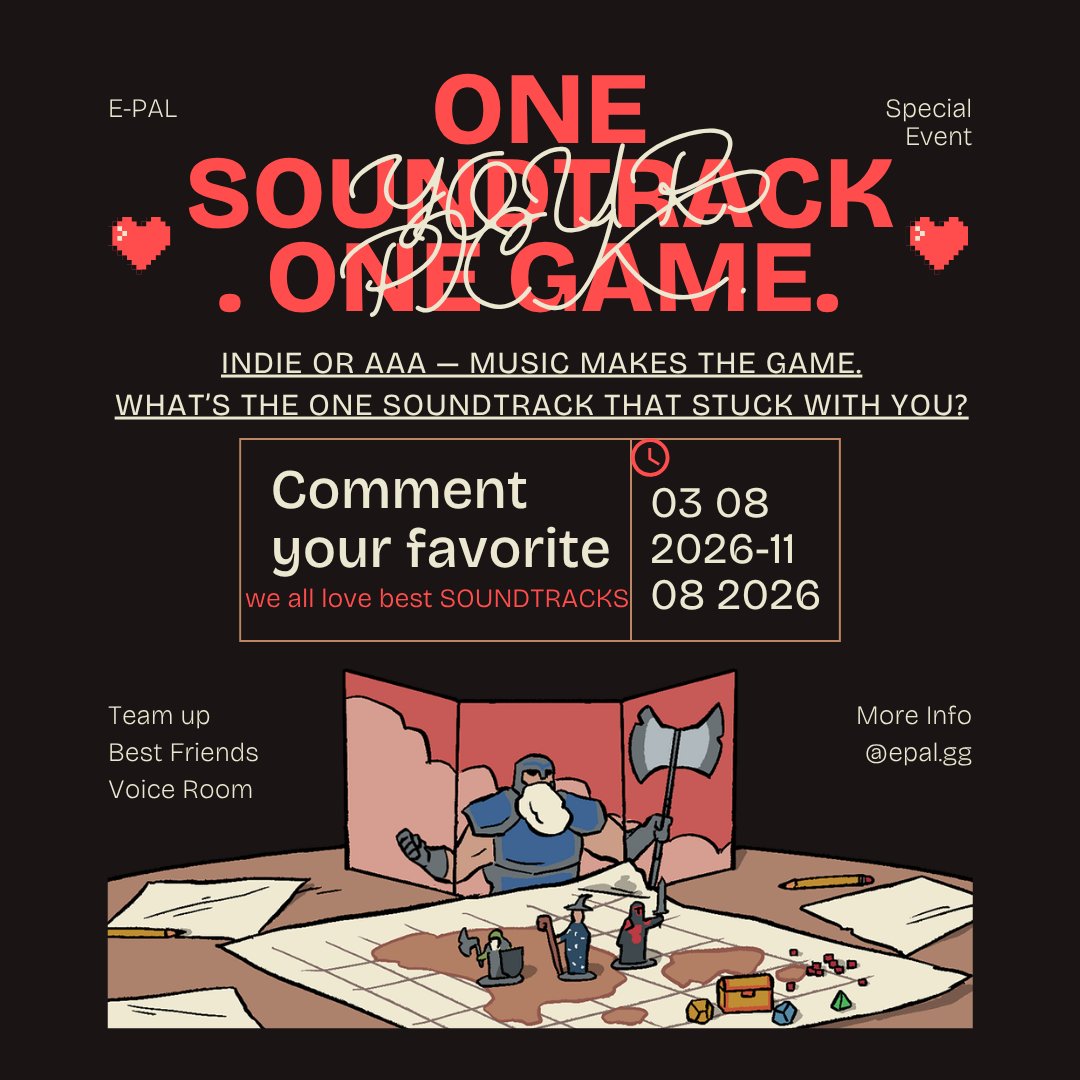 epalgg's tweet photo. 🎵 ONE SOUNDTRACK. ONE GAME. YOUR PICK.
Indie or AAA — music makes the game.
What’s the one soundtrack that stuck with you?
👇 Comment your favorite + why it hits different!
🎉 Lucky winners get: BUFF / VIP + exclusive poster!
#GameSoundtrack #MusicInGaming #YourFavoriteScore #epal