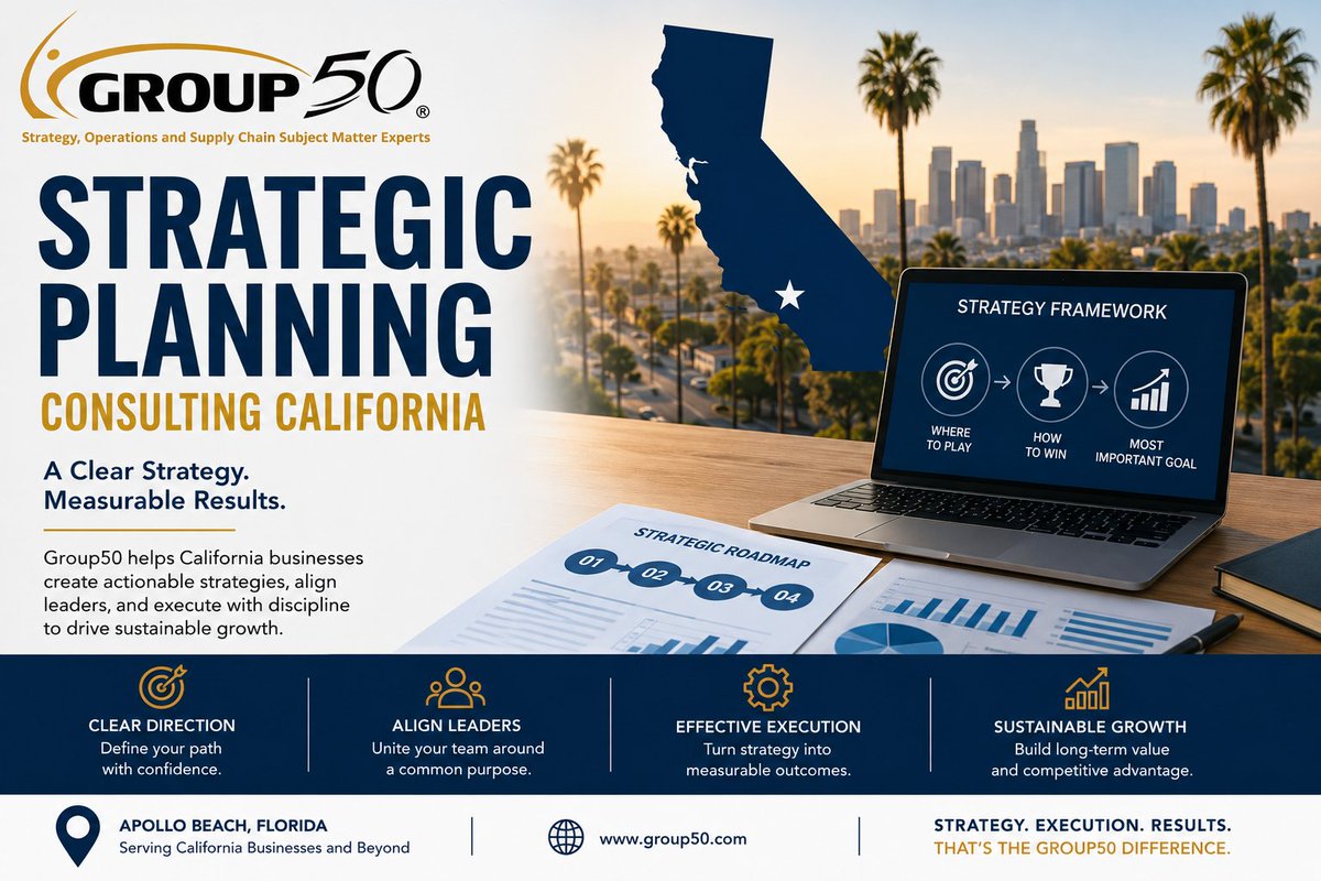 Group50's tweet photo. Turn your vision into measurable results. Group50's Strategic Planning Consulting helps California businesses build winning strategies, align teams, and execute with confidence for sustainable growth.
Learn more: https://t.co/N48khvVWHp
#StrategicPlanning #California #Group50 https://t.co/KXIBRgoiIe