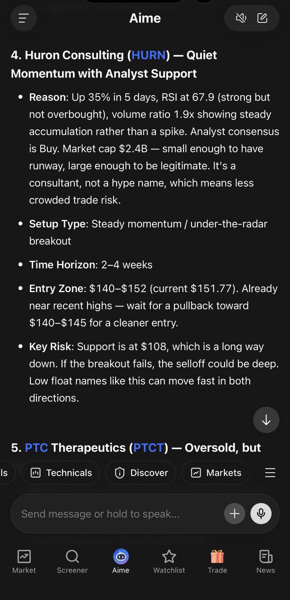 LeslieFoust's tweet photo. $HURN was the quietest idea on the list: up 35% in 5 days, analyst consensus Buy, and less crowded than hype names. Quiet momentum still needs an exit plan. Not Financial Advice. #HURN #StockResearch https://t.co/RD6okGHMSk