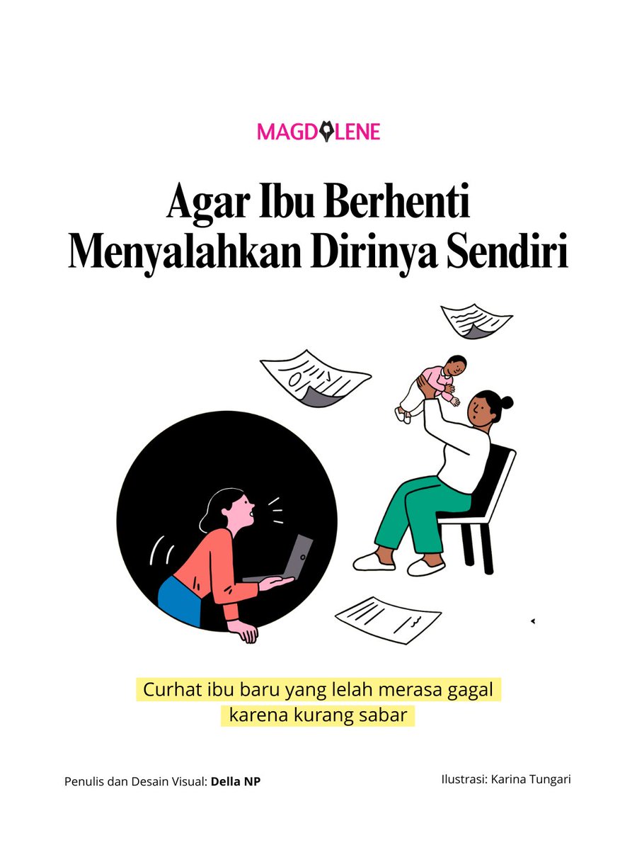 magdaleneid's tweet photo. Salah satu penulis kami berefleksi tentang pengalamannya sebagai ibu baru. Perasaan bersalah kerap menghantui ketika kebutuhan anak tidak terlengkapi maksimal, sesuatu yang selama ini diwariskan pada perempuan saja.

Padahal seperti pepatah asal Afrika, “Perlu orang sekampung, untuk membesarkan anak”, rasa bersalah itu harusnya tidak ditanggung perempuan—terutama ibu—sendiri.