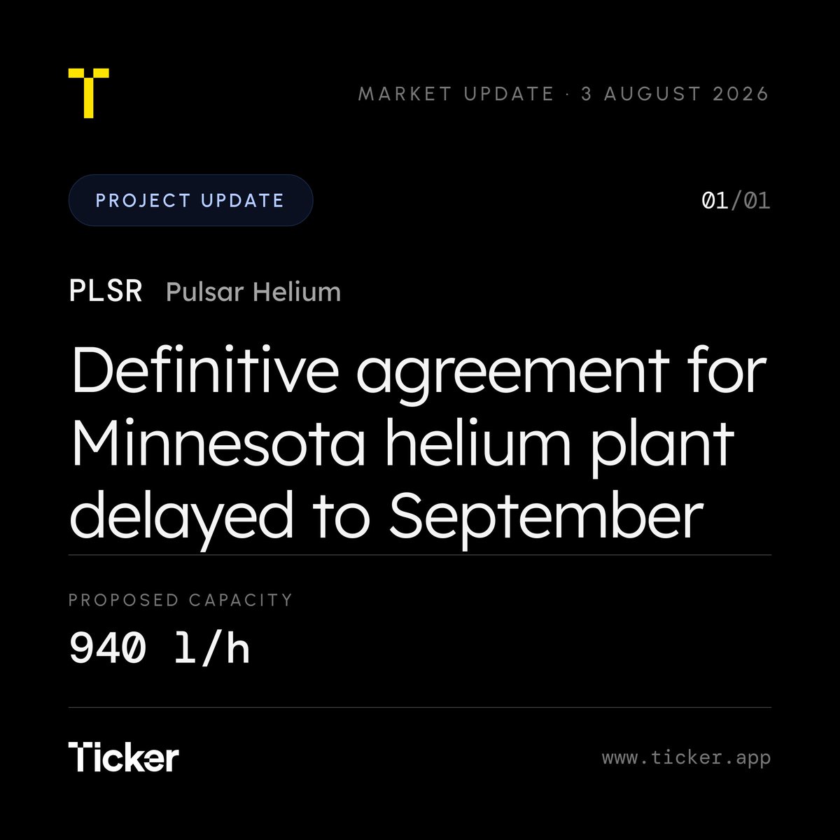 TickerOfficial's tweet photo. Pulsar Helium #PLSR $PLSR.L extends the target date to execute a definitive agreement for its Minnesota helium liquefaction plant to 30 September 2026 https://t.co/PapcruRtYh https://t.co/eZE5RI1PpQ