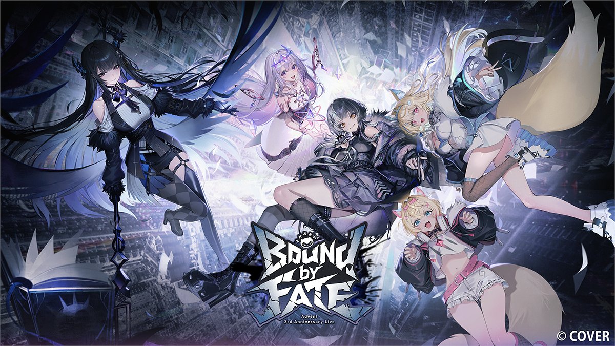 hololive_En's tweet photo. ／
hololive English -Advent-'s 3rd Anniversary 3D Live
""Bound by Fate"" starts soon! Join us at 8 PM (PDT)!
＼

Share your thoughts and excitement using the official hashtag #AdventBoundbyFate !✨

🔽Watch Here🔽
https://t.co/6IckqxPk10 https://t.co/tBGpjNkOoS