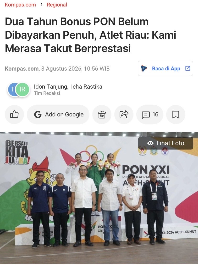 txtdrimedia's tweet photo. 2 tahun berlalu, bonus atlet PON dari berbagai cabor prov Riau belum cari full

baru 45% yg cair, sementara sisanya cuma dijanji-janjikan aja sampai hari ini

"sekarang kami merasa takut berprestasi, semangat kami rasanya sudah tidak ada " ujar Puja atlet senam https://t.co/PBBqw2Moe0