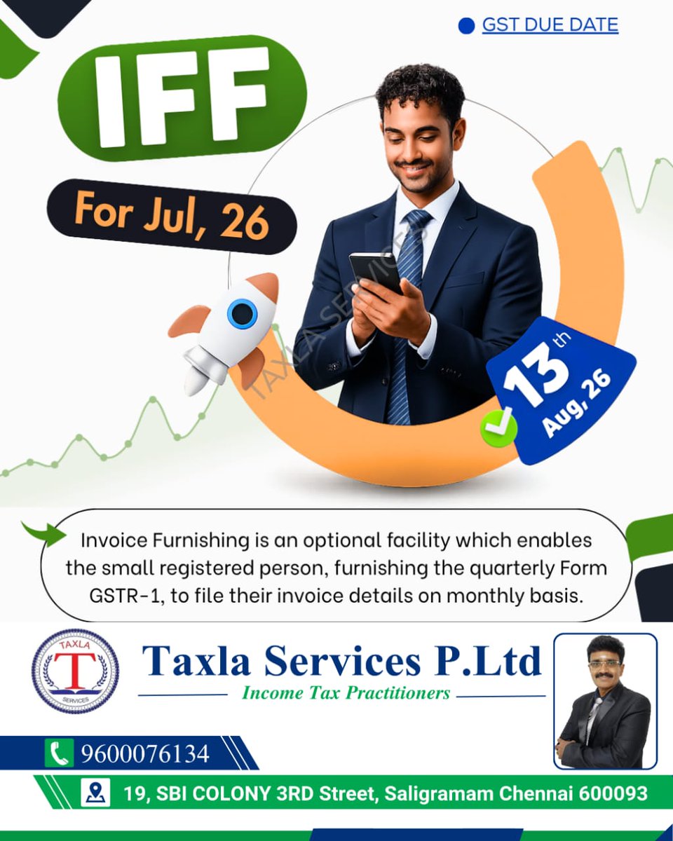 SivaAudit's tweet photo. ๐ข IFF Due Date Alert โ July 2026
๐ Contact us today: +91 7305701454
๐ง Email: auditsiva2@gmail.com
๐ Website: https://t.co/zDeM2BLvcY
#IFF #GST #GSTCompliance #QRMPScheme #InvoiceFurnishingFacility #GSTUpdates #InputTaxCredit #GSTReturn #TaxlaServices #BestAuditorInTamilnadu https://t.co/KvbIslvvYc