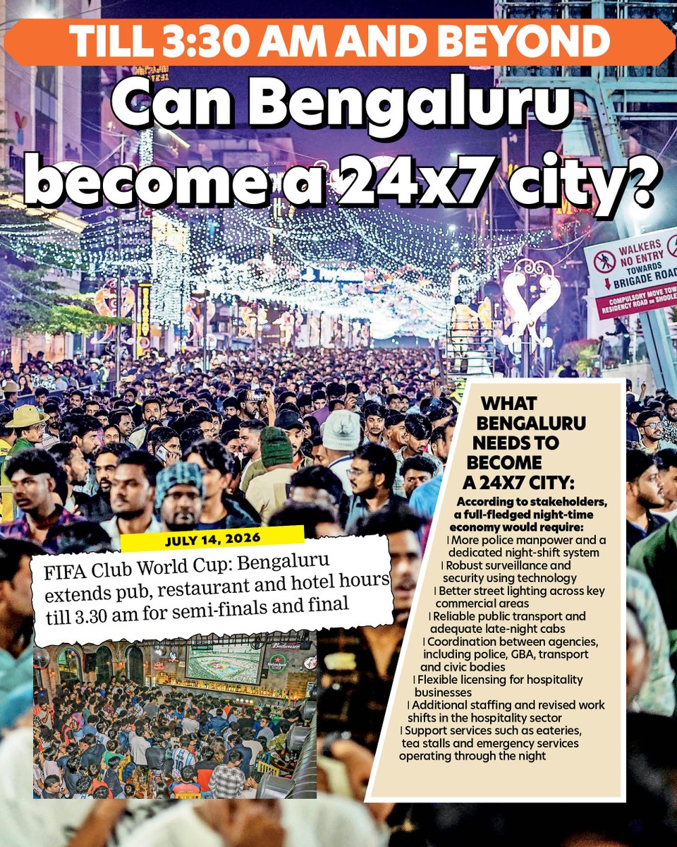 BangaloreTimes1's tweet photo. When the #FIFAClubWorldCup gave #Bengaluru a reason to stay awake until 3:30 am, the move was temporary, but it has rekindled a much larger question: Is B'luru ready to become a full-fledged #nightlife city? 

Read here: https://t.co/0aK3V7xuoL 

#GBA #BengaluruPolice https://t.co/v0MboQ0GqL