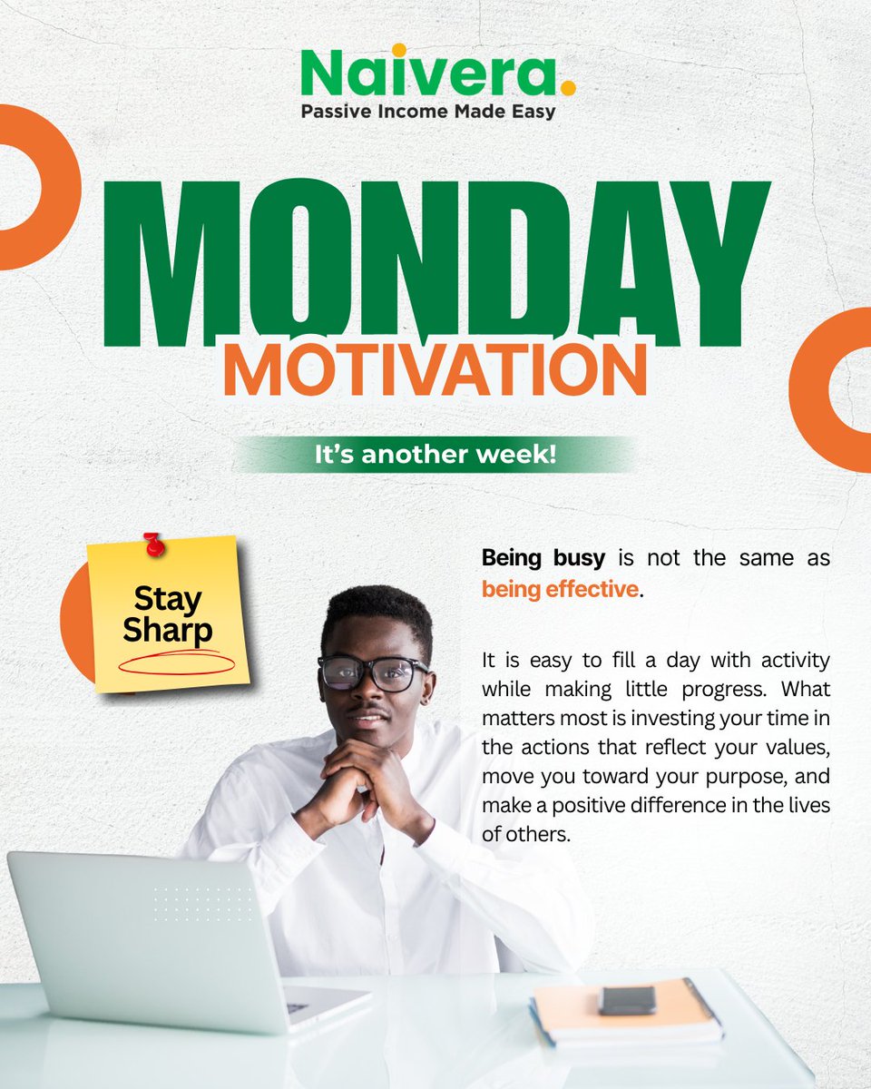 naiverainc's tweet photo. Are you being busy, or are you being effective?

It’s easy to get caught up in a long to-do list and feel like you're grinding, but activity doesn't always equal progress. This week, take a step back and focus on the actions that actually move you toward your bigger purpose and financial freedom.

Stay sharp, prioritize what truly matters, and make every move count this week!

#MondayMotivation #WorkSmart #Naivera #PassiveIncome #ProductivityTips #MindsetMatters #GoalGetter #StaySharp #FocusOnWhatMatters