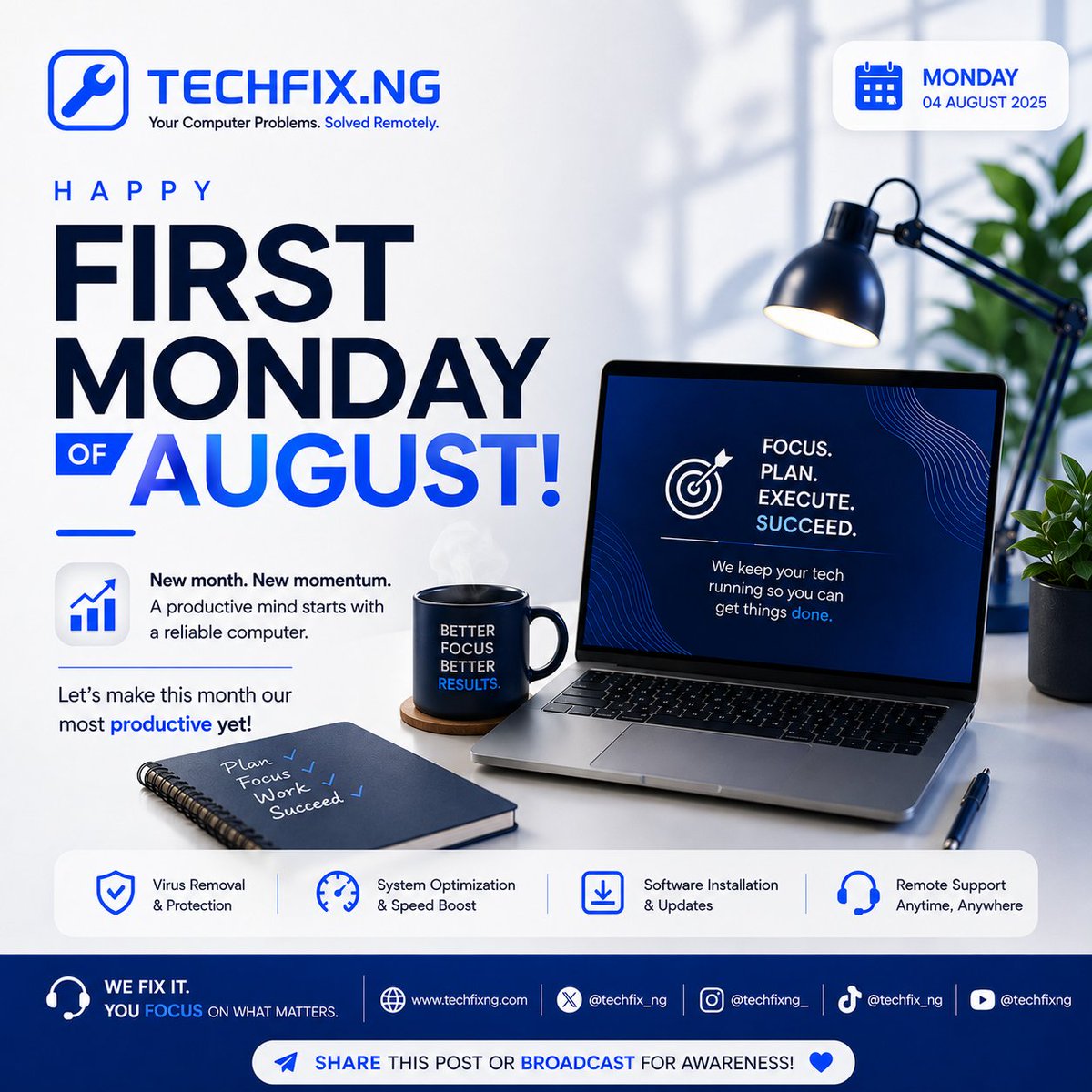 techfix_ng's tweet photo. Happy First Monday of August! 🚀

A productive week starts with a healthy computer. Let TechFixNG keep your tech running while you focus on achieving more.

🌐 https://t.co/wOv9Y1J2mE

📲 Please share this post or broadcast to help someone start the week right. 💙 https://t.co/p42g73iJgt