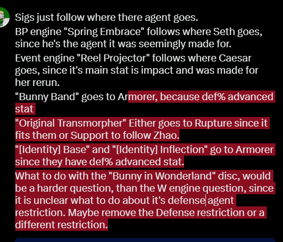 August39512656's tweet photo. @TimelyPulonia @MarcherMontelli Sigs go where there agent goes.
Spring Embrace" follows where Seth goes.
"Reel Projector" follows where Caesar 
"Bunny Band" goes to Armorer
"Original Transmorpher" Either goes to Rupture  or Support.
"[Identity]; Base/Inflection" go to Armorer
What to with "Bunny in Wonderland"? https://t.co/sUGwN5UOW7