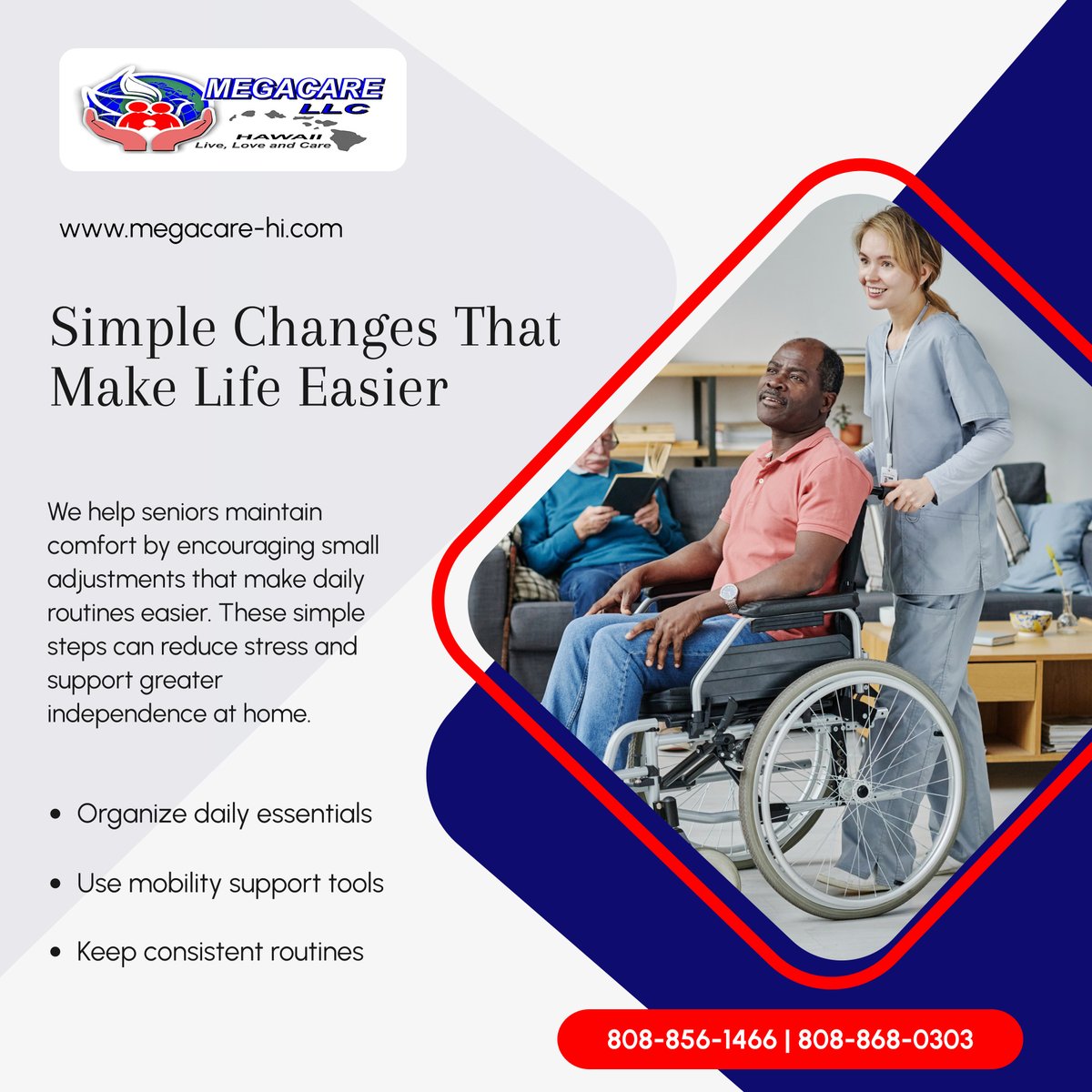 MegacareLLCHI's tweet photo. Simple daily adjustments can improve comfort and independence at home. 🏡✨ We support seniors with practical routines that make everyday life easier and safer. 💙

#WailukuHI #HomeCare #IndependentLiving #SeniorSupport #DailyLiving https://t.co/tah3FOAh3s