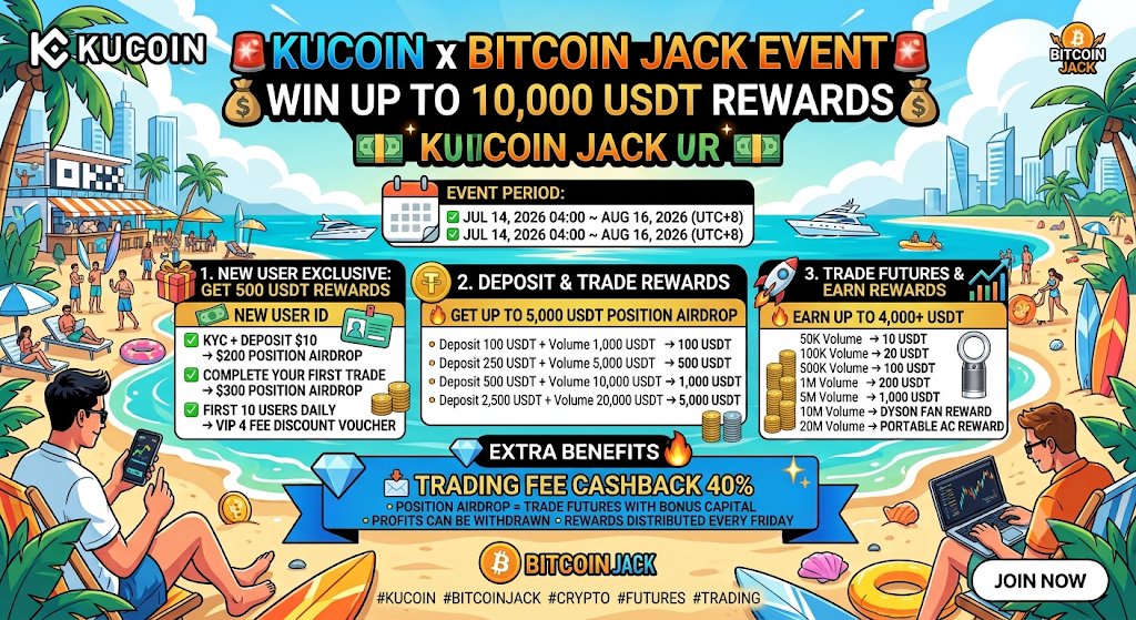 Crypto_Rebate_X's tweet photo. 🚨 KuCoin x Bitcoin Jack Event🔥 🚨
💰 Win up to 10,000 USDT Rewards

📅 Event Period
Jul 14, 2026 04:00 ~ Aug 16, 2026 23:59 (UTC+8)

✅40% trading fee rebate & event link✅
https://t.co/Jcbt49kPos

🎁 1. New User Exclusive: Get 500 USDT Rewards
Complete 3 steps👇
✅ KYC + Deposit $10 → $200 Position Airdrop
✅ Complete your first trade → $300 Position Airdrop
✅ First 10 users daily → VIP 4 Fee Discount Voucher

💰 2. Deposit & Trade Rewards
🔥 Get up to 5,000 USDT Position Airdrop
• Deposit 100 USDT + Volume 1,000 USDT → 100 USDT
• Deposit 250 USDT + Volume 5,000 USDT → 500 USDT
• Deposit 500 USDT + Volume 10,000 USDT → 1,000 USDT
• Deposit 2,500 USDT + Volume 20,000 USDT → 5,000 USDT

📈 3. Trade Futures & Earn Rewards
🔥 Earn up to 4,000+ USDT
• 50K Volume → 10 USDT
• 100K Volume → 20 USDT
• 500K Volume → 100 USDT
• 1M Volume → 200 USDT
• 5M Volume → 1,000 USDT

#KuCoin #Crypto #Futures #Trading