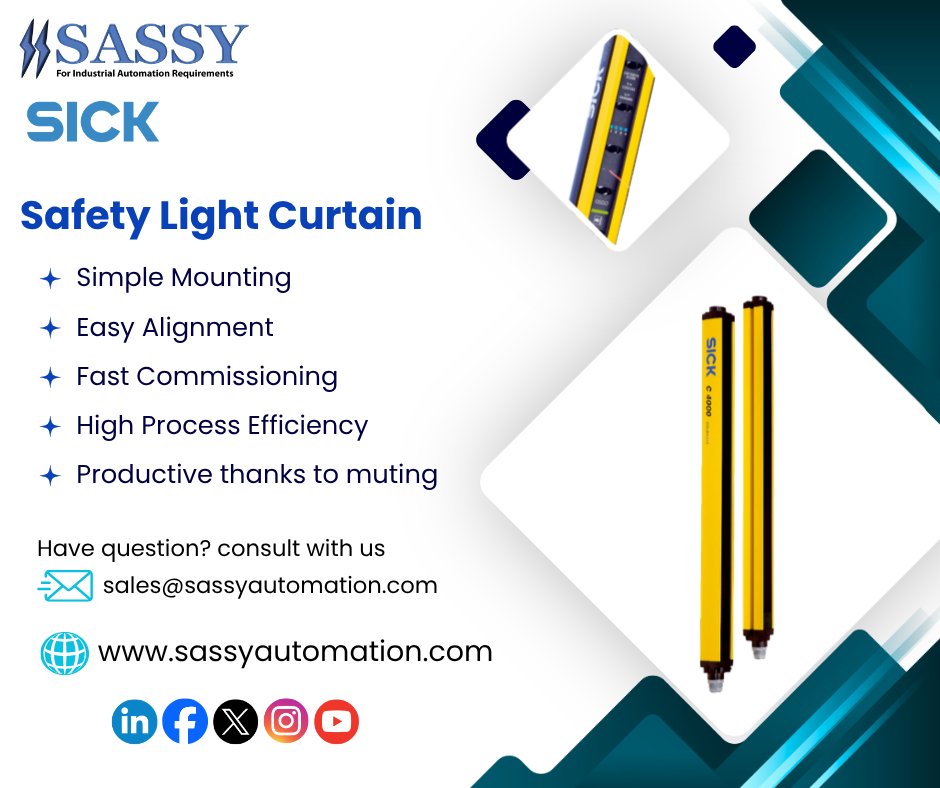 AutomationSASSY's tweet photo. 🔒 Prioritize Workplace Safety with SICK Safety Light Curtains!
📩 Get in touch with us today: sales@sassyautomation.com
🌐 Learn more: https://t.co/sdwSO8DRPX
#IndustrialAutomation #SafetyLightCurtains #SICK #WorkplaceSafety #MachineSafety #SASSYAutomation #EngineeringSolution https://t.co/yCKdDq4OzZ