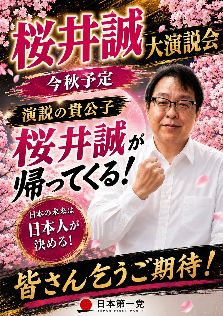 Japan1st_nayuta's tweet photo. 桜井誠さんが
秋の大公演を開催致します‼️
皆様、是非お越し下さいませ。 https://t.co/tgcFXjxYhq