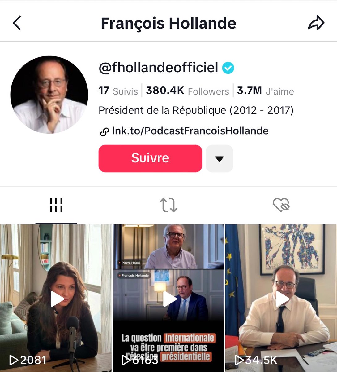 RefractaireFR's tweet photo. Mélenchon a atteint les 3 millions d’abonnés sur Tiktok, il est le candidat le plus suivi de cette plateforme.

1er Mélenchon 3 Millions 👑
2ème Le Pen 1,5 Millions
3ème Attal 686k
4éme Hollande 380k

El famoso «le plus rejeté». Ce que vous dit la télé, n’est pas le réalité👇 https://t.co/zASu69Ht7e
