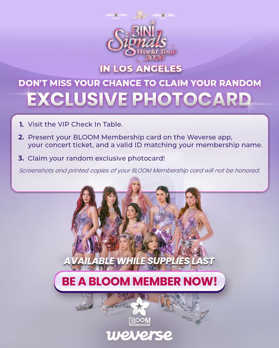 BINI_ph's tweet photo. Incoming… 🌴🌇🌊… Signal… 📡✨

LA BLOOM Members, don’t forget to visit the VIP Check-In Table to claim your exclusive random BLOOM Membership photocard! 🌸

See you there! 🔗https://t.co/xf5GUsvhKp

#BINI #BINI_SIGNALS_WORLDTOUR2026 #BINI_BLOOMMembership https://t.co/ytKkVzeOz2