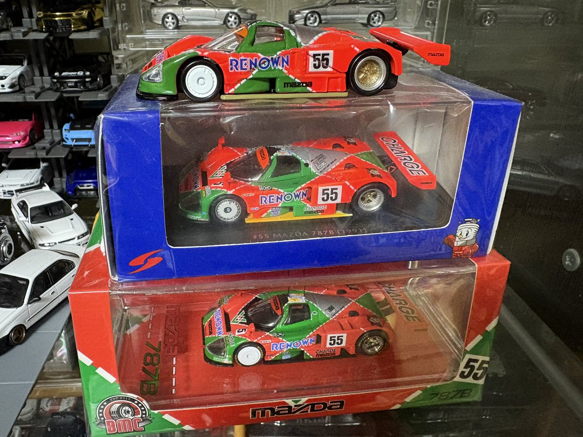 crersta's tweet photo. 今回のミニカー購入品はMINIGTの雨宮RX7 2025D1GPとトミカレーシング マツダ787B。
RX7は細かい所まで作り込まれていて流石の出来。
787Bは比べちゃあかんかもしれんけど、SparkやBMCと並べるとねぇ… https://t.co/lewwsx5aFq