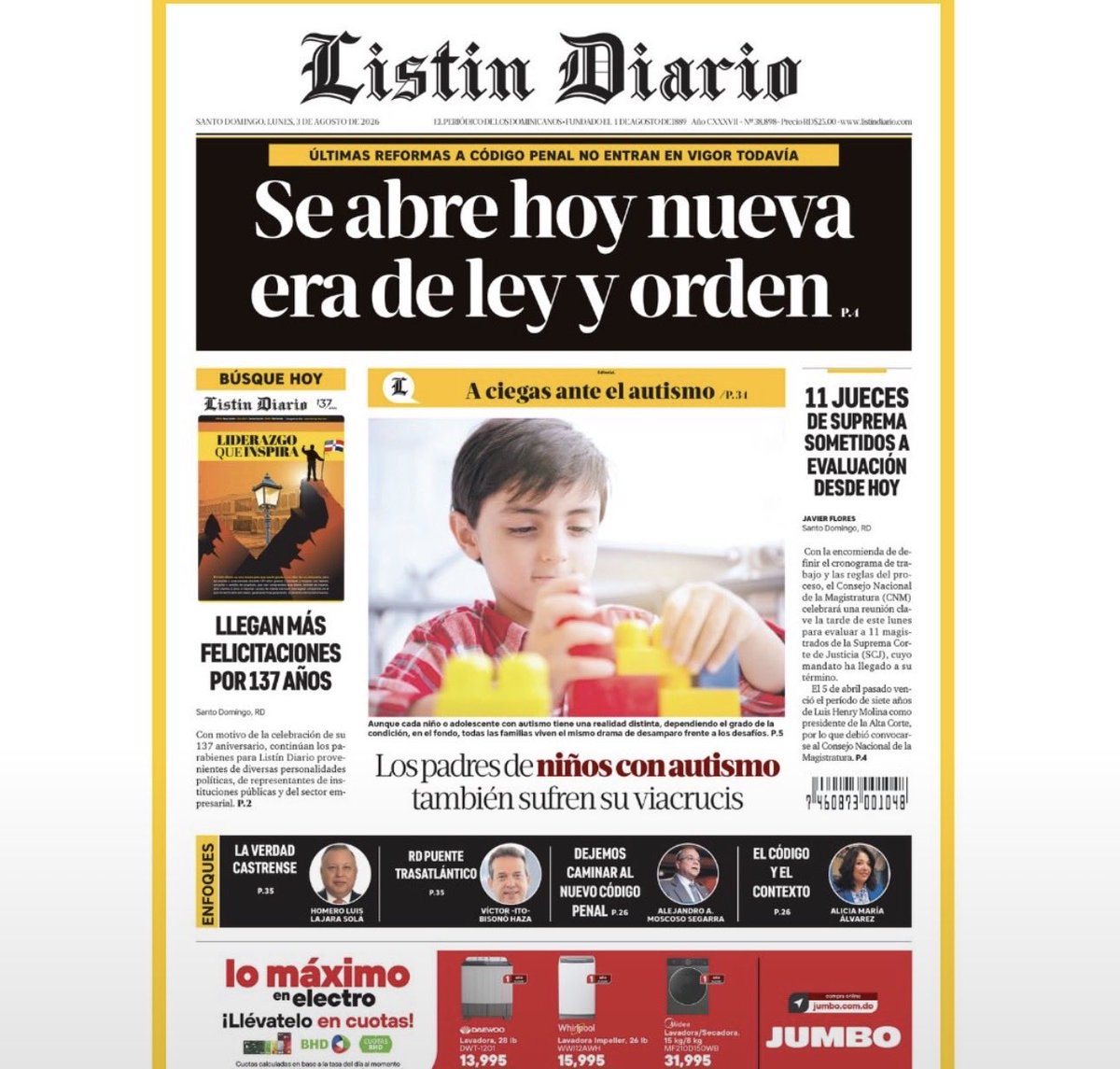 AMoscosoSegarra's tweet photo. Hoy entra en vigencia el nuevo Código Penal. Es tiempo de conocerlo, difundirlo y observar su aplicación. Dejemos que dé sus primeros pasos y que la experiencia nos indique qué debemos corregir.
Sobre esta necesaria etapa de implementación escribo hoy en @ListinDiario. https://t.co/aOS3U5QJgf