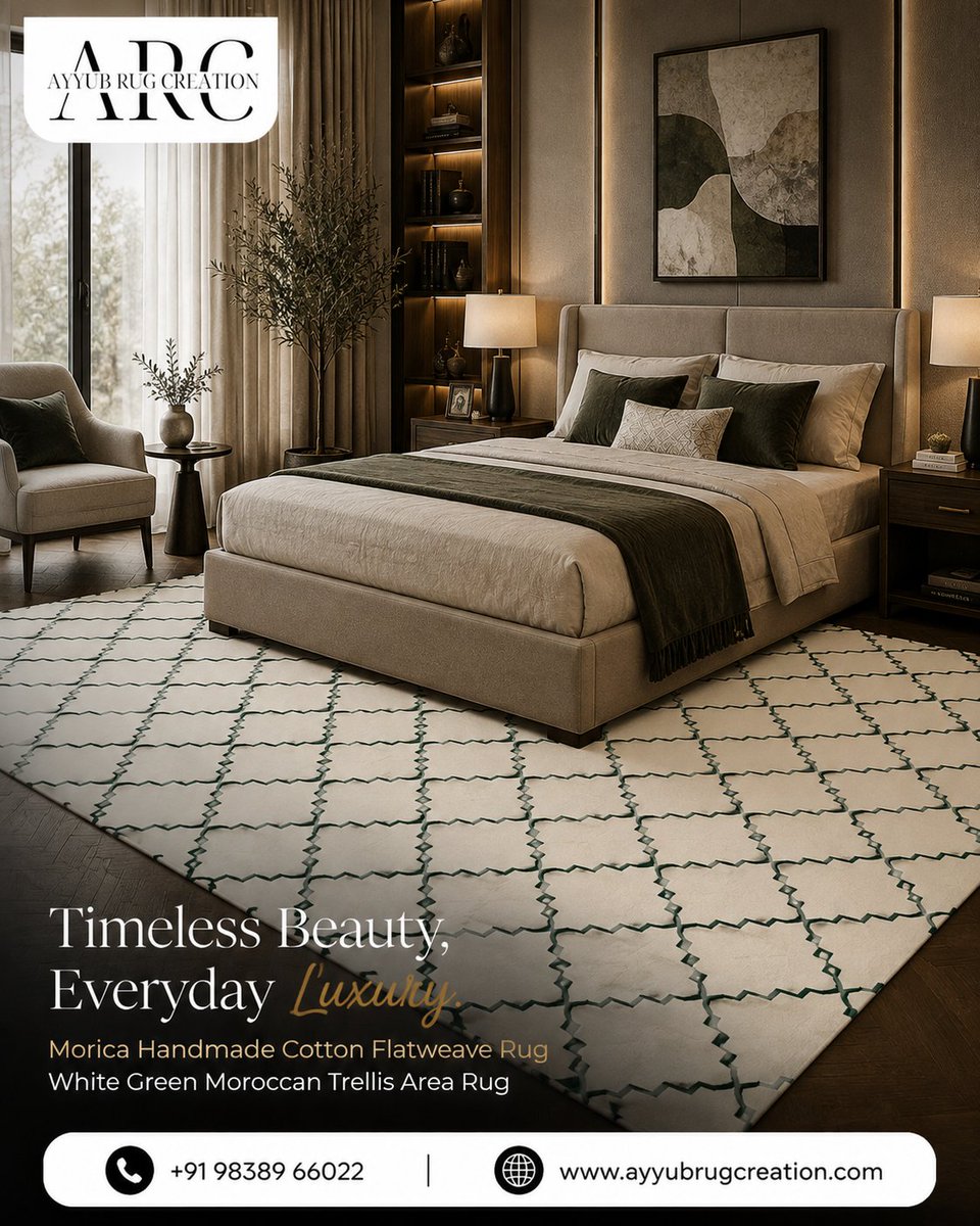 AyyubRug's tweet photo. Timeless Elegance for Every Room 📷
Transform your living room, dining room, and bedroom with the refined beauty of our Morica Handmade Cotton Flatweave Rug | White Green Moroccan Trellis Area Rug. Expertly handcrafted from premium cotton, this elegant flatweave rug features https://t.co/5kO2QVXs6o