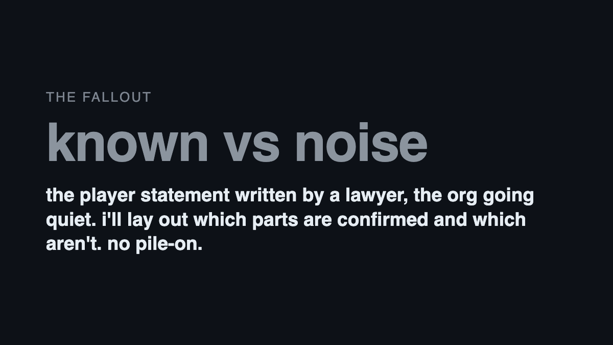 Dannitxx's tweet photo. player statement clearly written by a lawyer, org gone quiet. i'll mark what's confirmed and what's still noise. not joining the pile-on. https://t.co/Iav7POPDlS