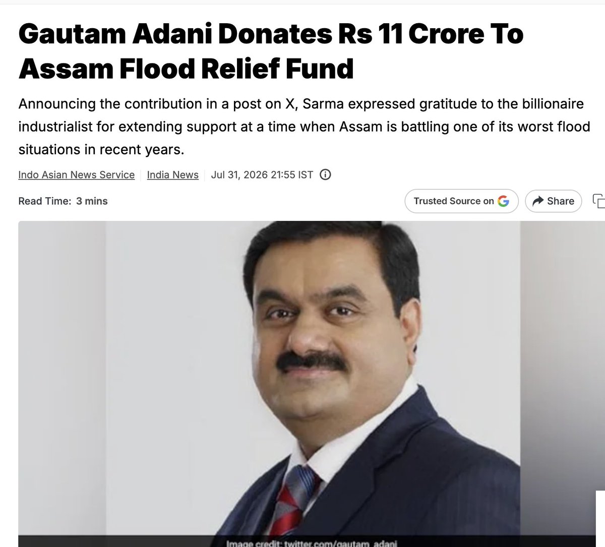 JaipurDialogues's tweet photo. Where is Rahul Gandhi & Congress Now?

When Assam needed help, Gautam Adani stepped forward.

He has donated ₹11 crore to the Assam Chief Minister's Relief Fund to support flood relief and rehabilitation. The Adani Group is also mobilising resources on the ground to help thousands of affected families.

People can have different opinions about business. But when disaster strikes, what matters is who shows up.