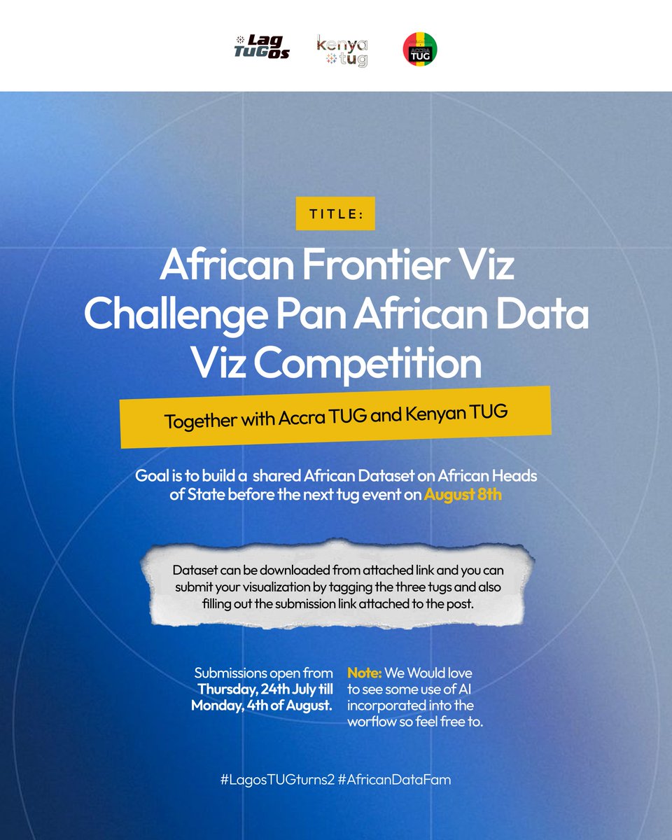 LagosTUG's tweet photo. The African Frontier Viz Challenge is heating up

We've seen some  interesting takes on the dataset.

If you've been thinking of submitting. THIS IS YOUR SIGN! 

Deadline : 4 August at 11:59 PM WAT.

🔗 Submit: https://t.co/3Q9MIf8xNh

Dataset: https://t.co/KB9iu5JEfv https://t.co/s5NFsOMANt