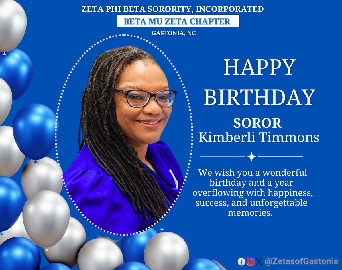 ZetasofGastonia's tweet photo. Happy Birthday to Soror Kimberli Timmons!
Enjoy your special day!๐๐๏ธ
#ZetaPhiBeta #zphib1920 #BetaMuZeta #HappyBirthday #FinerWomanhood #zetasofgastonia #ScholarshipServiceSisterhoodFinerWomanhood https://t.co/UhHqwZmpLN