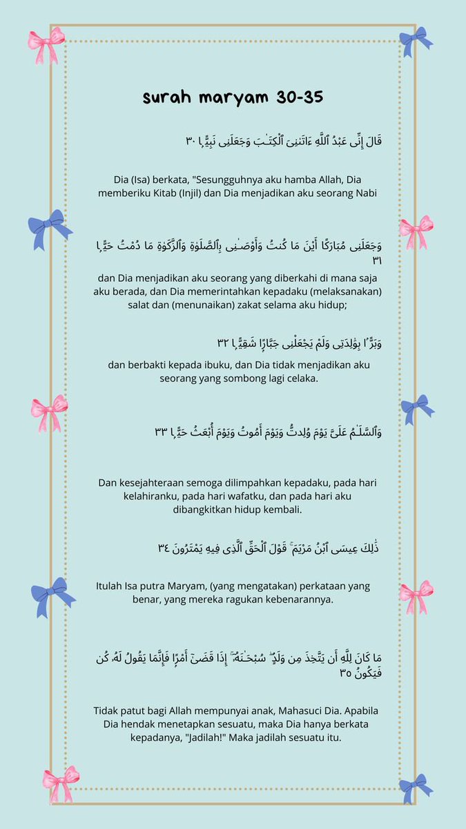 mentiocn's tweet photo. Kalau hari ini kamu lagi nunggu sesuatu yg rasanya tidak mungkin terjadi, jangan menyerah.

Baca Surah Maryam. Berdoa. Ceritakan ke Allah.

Semoga apa yg hari ini terasa mustahil, suatu hari nanti menjadi kisah tentang bagaimana Allah menjawab doa kita dengan cara yg indah 🤍 https://t.co/ejD0mbwQOk