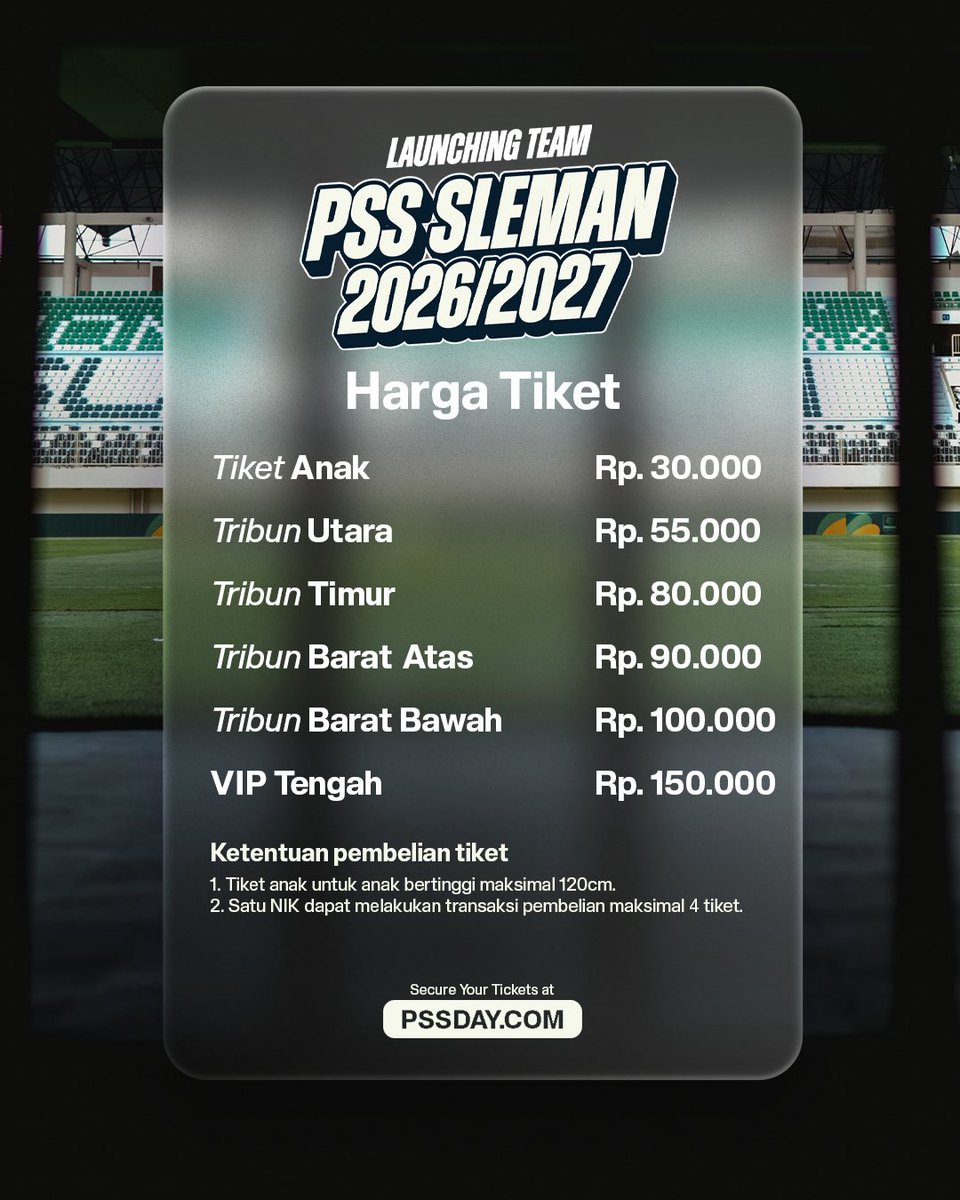 PSSleman's tweet photo. 𝗧iket 𝗟𝗮𝘂𝗻𝗰𝗵𝗶𝗻𝗴 𝗧𝗲𝗮𝗺 𝗣𝗦𝗦 𝗦𝗹𝗲𝗺𝗮𝗻 2026/27 akan mulai dijual malam ini pukul 19.00 WIB melalui laman 𝗣𝗦𝗦𝗗𝗔𝗬.𝗖𝗢𝗠.

Stay tune!

#PSS #VivaLaPSS #VinciPerNoi https://t.co/QKvn9gEL8J