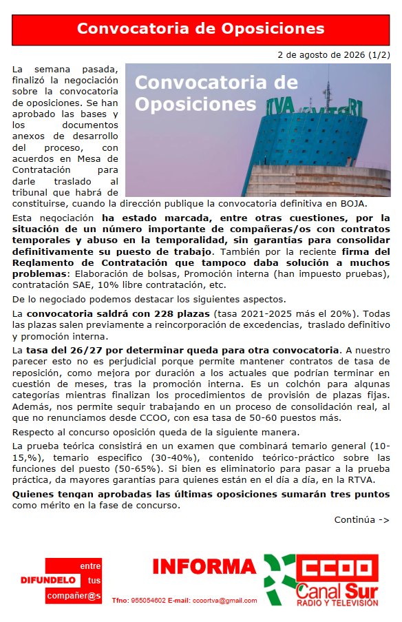 ccoortva's tweet photo. Convocatoria de Oposiciones y Derechos por recuperar en @canalsur.
Si quieres recibir nuestros comunicados, envía un correo a ccoortva@gmail.com https://t.co/GcmJ4rEeJy