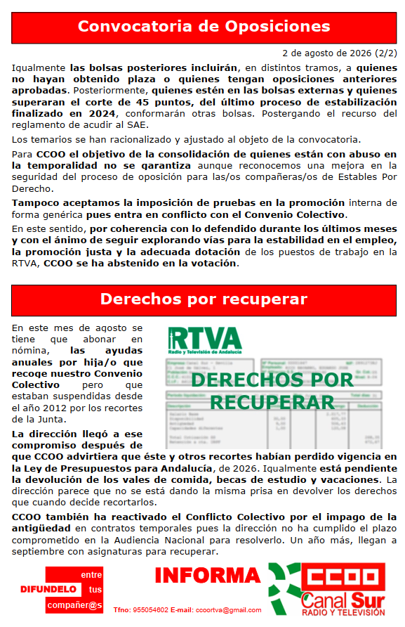 ccoortva's tweet photo. Convocatoria de Oposiciones y Derechos por recuperar en @canalsur.
Si quieres recibir nuestros comunicados, envía un correo a ccoortva@gmail.com https://t.co/GcmJ4rEeJy