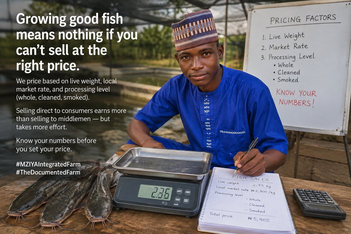 MZIYAGtech's tweet photo. Growing healthy fish is only half the business. Selling them at the right price is where profit is made.
Price should depend on: • Live weight • Current market rate • Processing level (whole, cleaned, smoked). Nigeria MO https://t.co/FjmhwRvidW