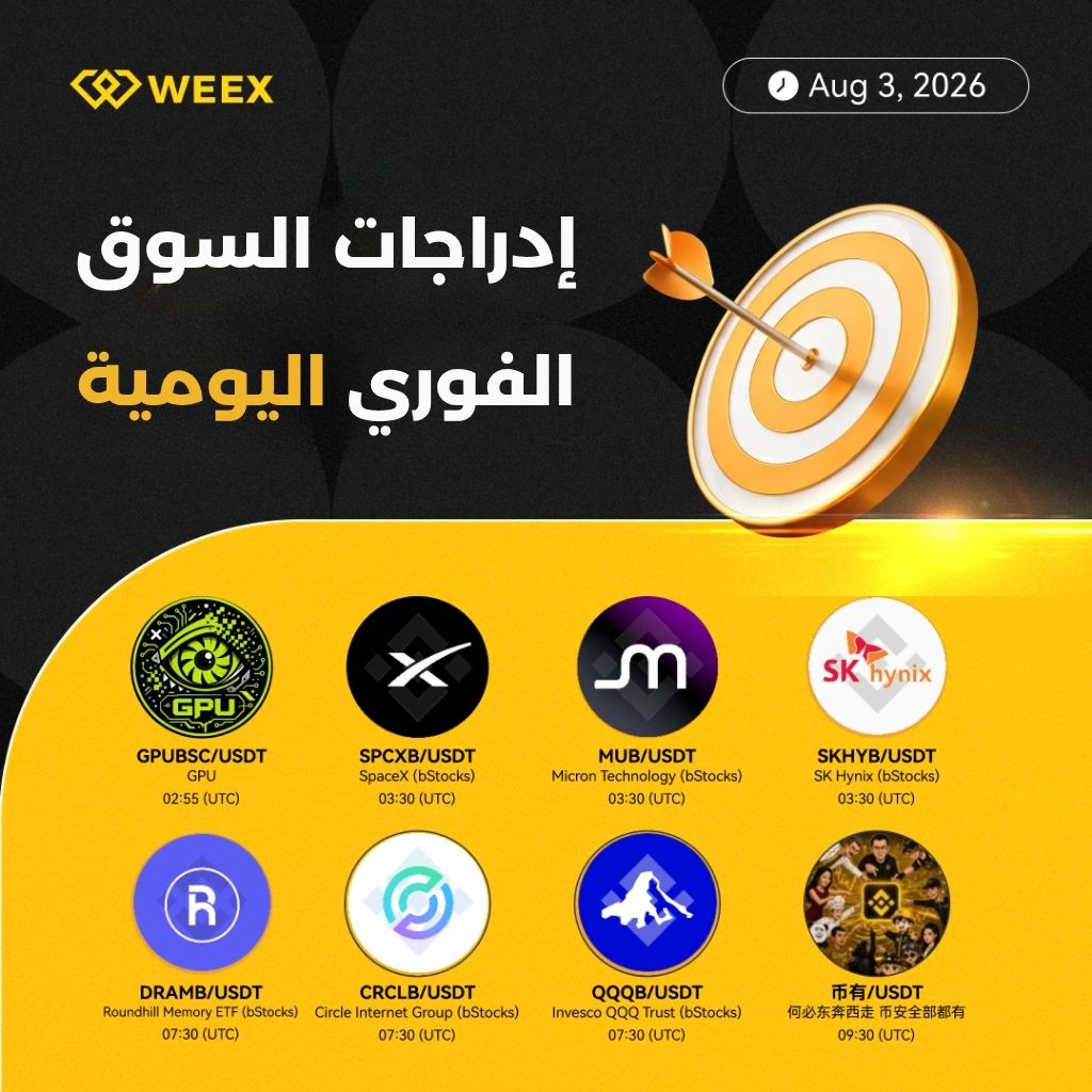 WEEX_MENA's tweet photo. 🔔 تقرير الإدراجات اليومية في سوق #WEEX الفوري ( 03 أغسطس 2026 )!

👈 سجل على #WEEX الآن :

https://t.co/JM8zlJ2OAz

🔖 التفاصيل :

https://t.co/pwnbBiqCyN

#ملخص_الإدراج