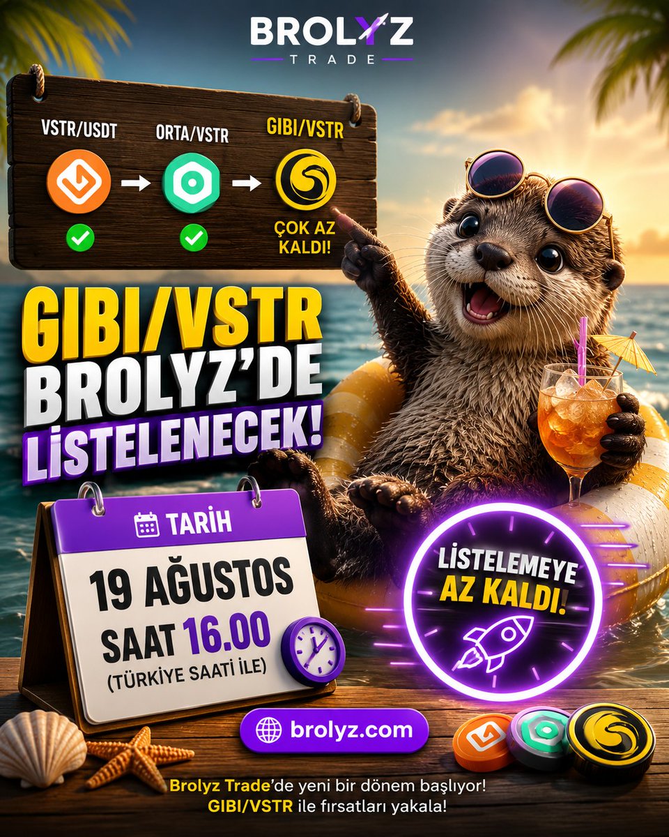 peritozumasali's tweet photo. 🚀 Sıradaki listeleme: GIBI/VSTR! 🦦
📅 19 Ağustos | 🕓 16.00 (TSİ)
ORTA/VSTR'nin ardından GIBI/VSTR de Brolyz Trade'de işlem görmeye başlıyor.
Geri sayım başladı! Hazır mısın? 🔥
Her adımda büyüyen ve gelişen platform: BROLYZ. 💪
#Brolyz #BrolyzTrade #GIBI #VSTR #SocialFi https://t.co/yDefCNoCtQ