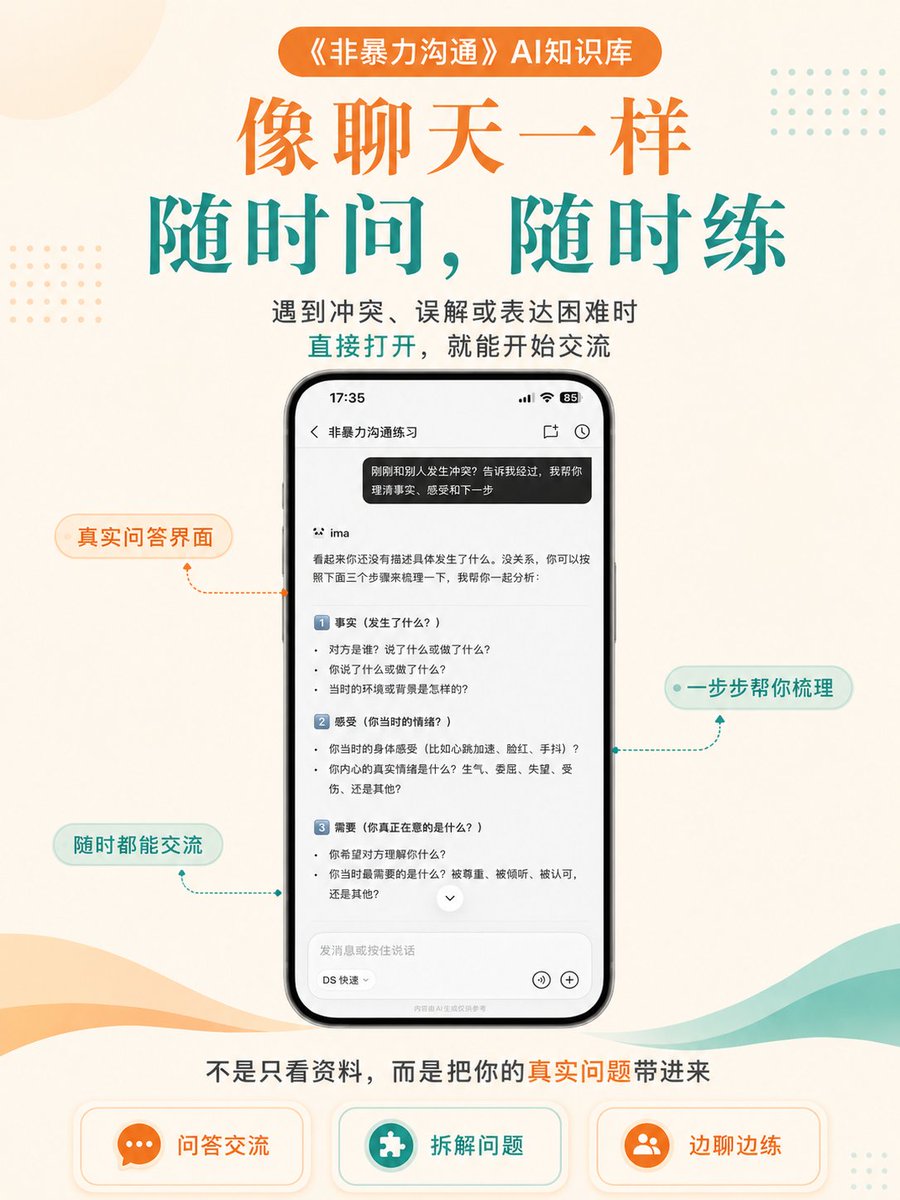 andyruice's tweet photo. 推荐所有想提高自己沟通能力的人
去试试这个 AI 知识库。

最近我做了一个《非暴力沟通》的 AI 知识库，自己试了几次，效果比我预想的好。

我越来越觉得，沟通这件事，知道道理和真正会用之间，差着很长一段距离。很多时候我们看过书、听过方法，真正遇到冲突，还是会急着解释、反击、指责，或者明明不舒服，却不知道怎么把话说清楚。

所以我把它做成了一个可以随时打开的沟通练习工具。刚发生的事、想说却没说出口的话，都可以直接发进去。它会先帮你理清发生了什么，再看你的感受、在意的需要，以及真正想达成的结果，最后整理成一句可以说出口的话，或者一个具体的请求、拒绝和边界。必要时，也可以继续模拟对方的回应。

《非暴力沟通》的核心流程很清楚：
先观察事实，再觉察感受，找到背后的需要，最后提出具体请求。它也提醒我们，沟通既包括表达自己，也包括理解对方。

希望这个 AI 知识库能放进手机，遇到真实问题时随手打开，边解决问题，边练习。