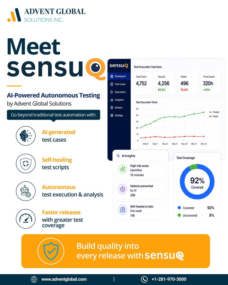 Advent_Global's tweet photo. What if your next release had 90% fewer production defects?

That's the vision behind SensuQ, the AI-powered autonomous testing platform from Advent Global Solutions.

From generating test cases to self-healing scripts and autonomous execution, SensuQ helps engineering teams build quality into every release, not just test for it.

Ready to rethink software testing? Reach out to us!

#QualityEngineering #SoftwareTesting #AITesting #TestAutomation #SENSQU #EnterpriseAI #AdventGlobalSolutions