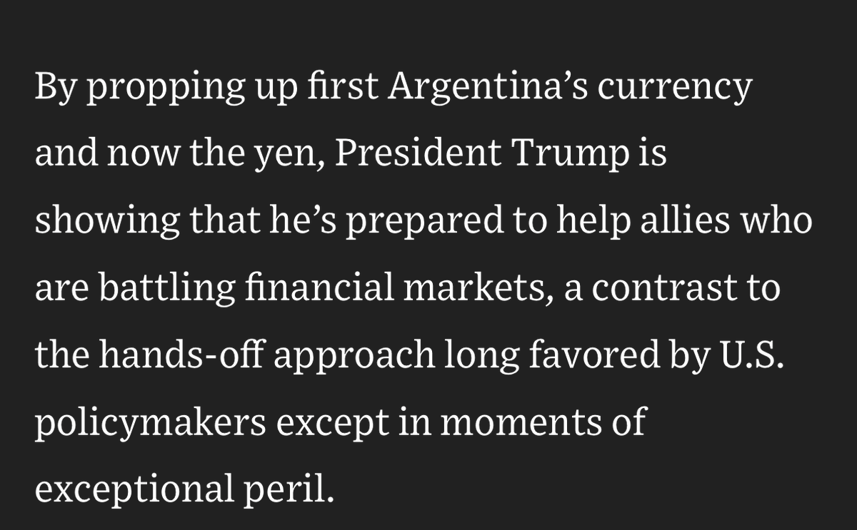 elerianm's tweet photo. It’s unusual to see Japan and Argentina grouped together in the same economic story (as highlighted in the WSJ excerpt below). Yet,
Both countries have benefited from significant US foreign exchange market backing.
In both cases, currency intervention was accompanied by strong words of support from President Trump and Treasury Secretary Bessent.
Having said that, the similarities end there.
Japan’s economic and financial fundamentals are vastly different (stronger) from Argentina’s.
(I also suspect Japan doesn’t share Argentina’s enthusiasm for FIFA under its current leadership!).
#economy #markets #yen #japan @wsj