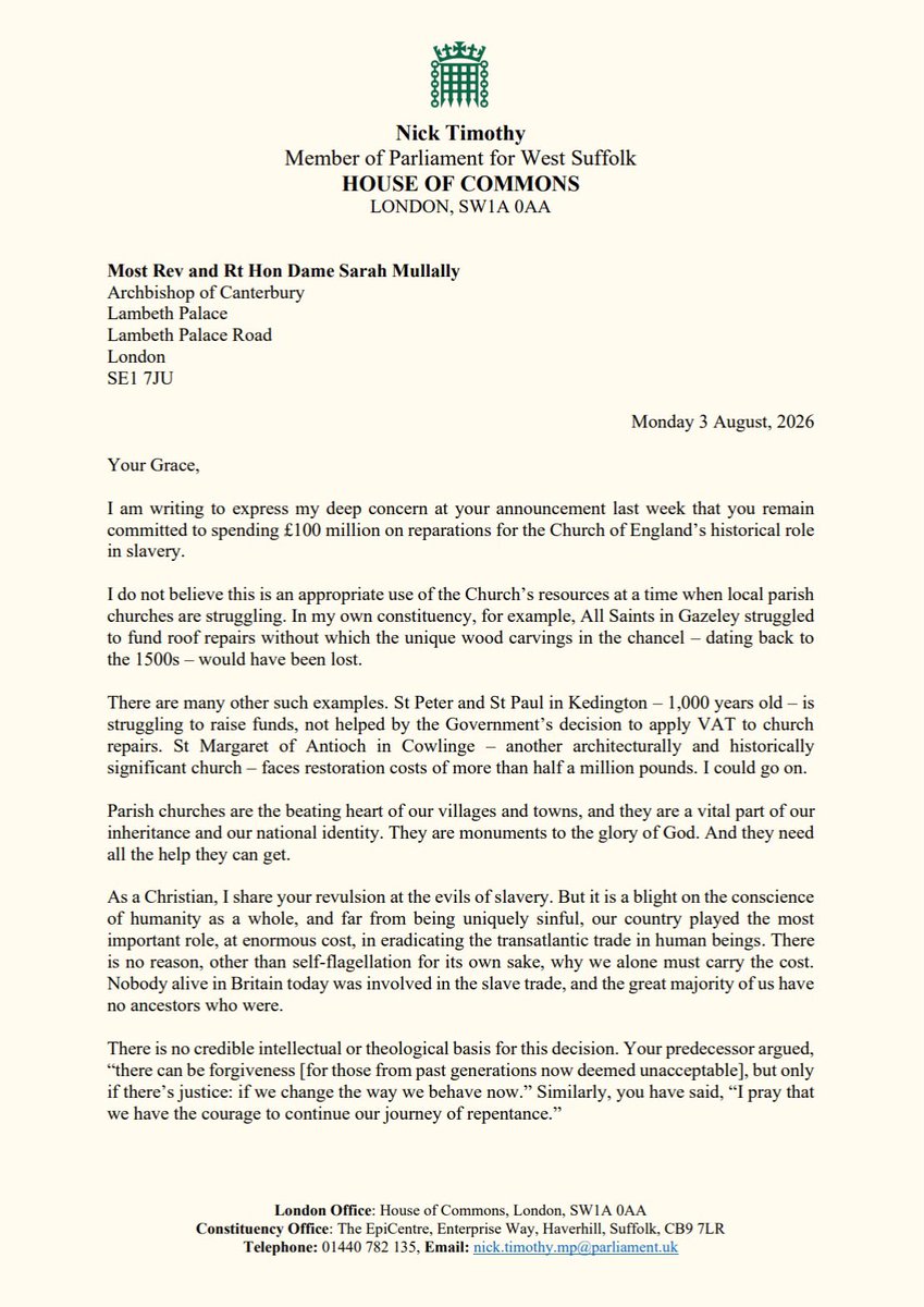NJ_Timothy's tweet photo. The Church of England is sending £100 million overseas for slavery “reparations”.

Meanwhile our parish churches - our national inheritance - are crumbling.

This is gesture politics - and it’s theologically nonsensical.

My letter to the Archbishop. https://t.co/QjQJZ0IxH8