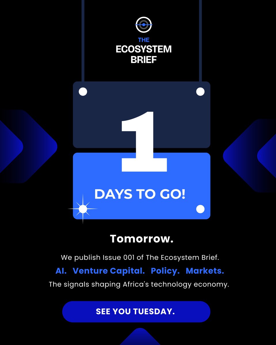 ecosystembrief's tweet photo. Tomorrow.

Issue 001 of The Ecosystem Brief goes live.

Every Tuesday, we deliver the AI, startup, funding, policy, deals &amp; ecosystem updates shaping Africa—all in one read.

Be among the first to receive it.

Subscribe: https://t.co/YDwHjvGm76

#AI #AfricaTech #Startups https://t.co/72KyFLOssM