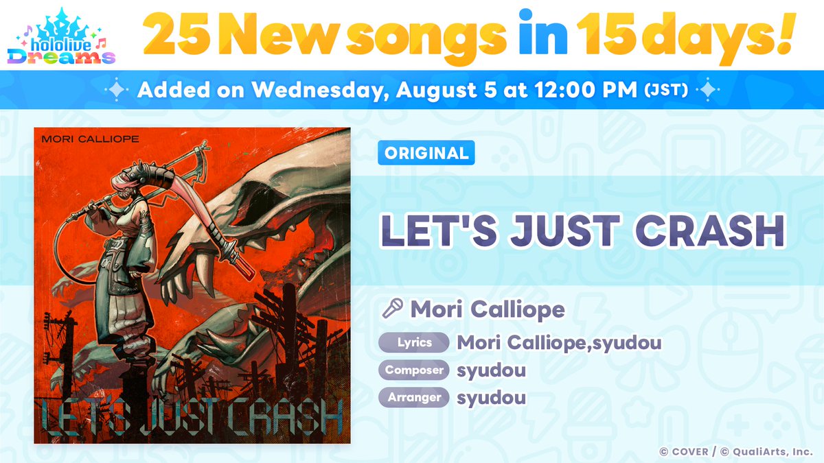 holo_dreams_en's tweet photo. /／
💿  25 New Songs in 15 Days Campaign
Introducing a New Song!
\＼

"LET'S JUST CRASH"

To be added tomorrow,  Wednesday, August 5 at 12:00 PM (JST)✨

Once added, you can exchange Music Discs in the Song Shop to unlock and play the new song! 💿️

#holodori https://t.co/UwMwiAsuZb