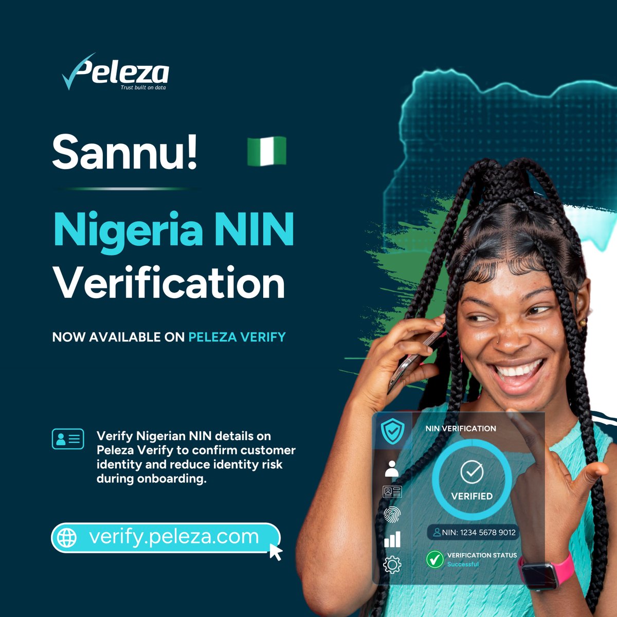 Peleza_Int's tweet photo. Sannu, Nigeria! 🇳🇬

Nigerian NIN Advanced Verification is now available on Peleza Verify.

Verify NIN details toSannu, Nigeria! 🇳🇬

confirm customer identity and support onboarding and due diligence decisions.

Explore: https://t.co/nZ95ptOLYy

#PelezaVerify #Nigeria https://t.co/dnwptWfQ0c