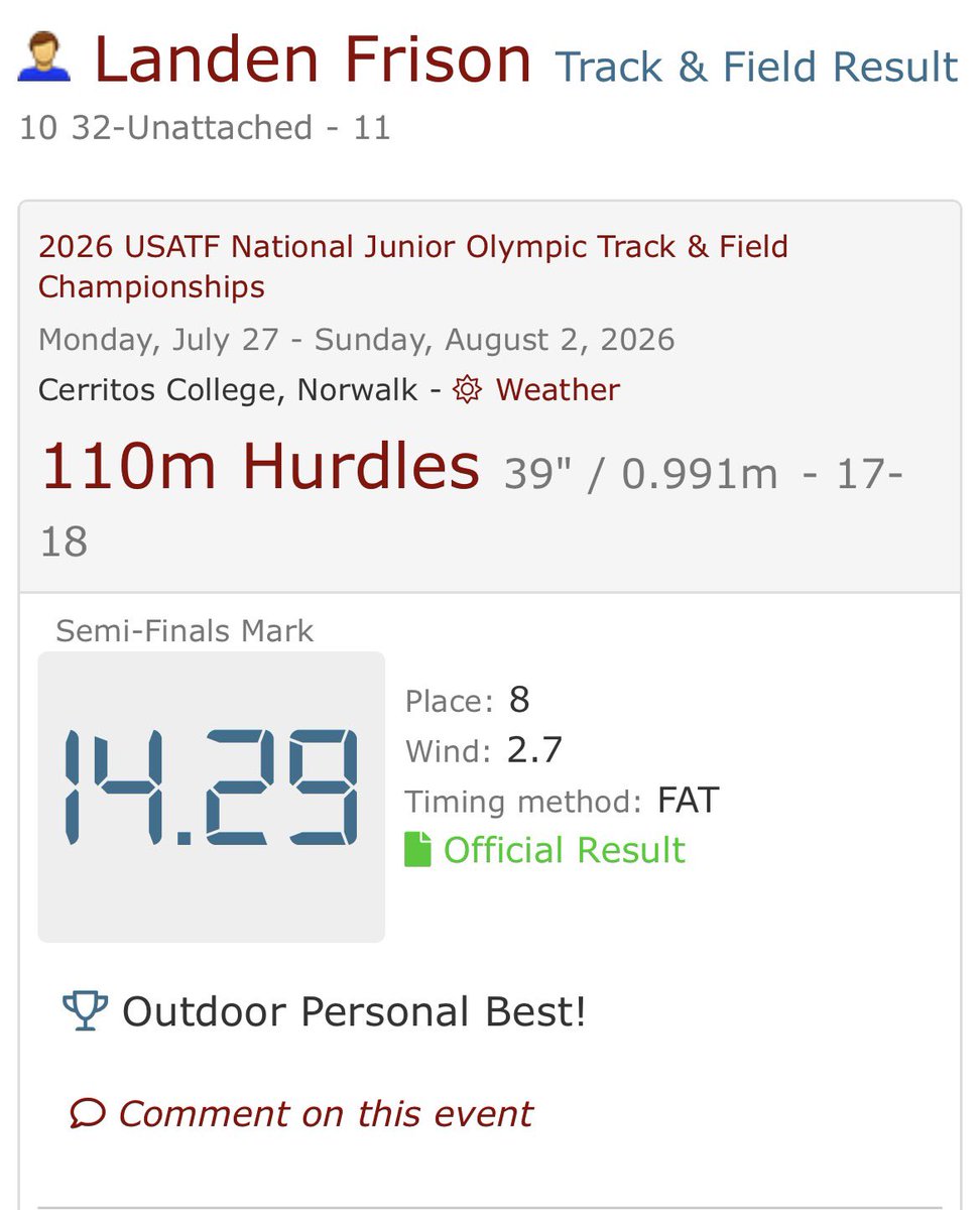 landen_frison's tweet photo. Final PRs for my Junior Track and Field season
110mH: 14.29
300mh: 39.19
400mh: 55.14
Senior Szn Soon…📺 https://t.co/hVTj2GAOou