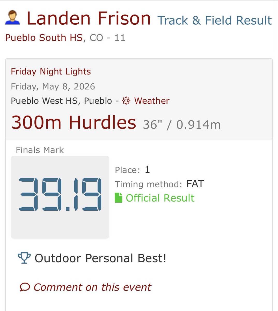 landen_frison's tweet photo. Final PRs for my Junior Track and Field season
110mH: 14.29
300mh: 39.19
400mh: 55.14
Senior Szn Soon…📺 https://t.co/hVTj2GAOou