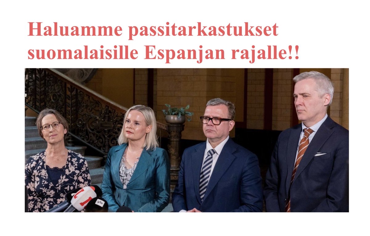 PerusDe's tweet photo. VAROKAA SUOMALAISET!

Hallitus ajaa Suomen eroa EU:sta! (Persujen johdolla)
Silloin olemme yksin rajakriisiemme kanssa!

#Persut #Kokoomus #sfp #kristilliset 
PS. Espanjan uutisissa reagoitiin vahvasti Suomen toimia vastaan! https://t.co/pe8I8cpq3V