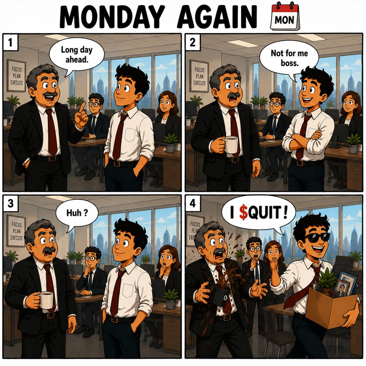 IQuitBoss's tweet photo. MONDAY AGAIN:

Boss: Long day ahead. 
Employee: Not for me boss. 
Boss: Huh ? 
Employee: I $QUIT ! https://t.co/BLOtSq1ndu